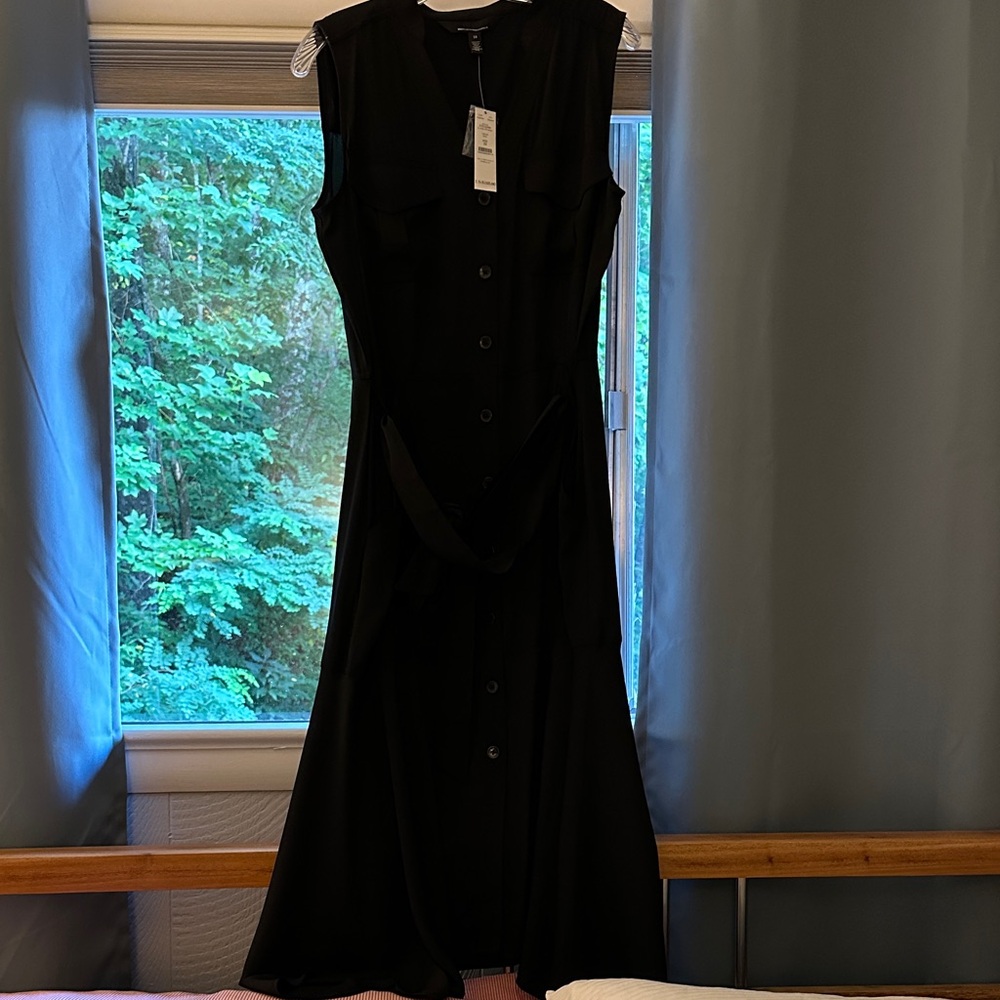 White House Black Market Black Sleeveless Button-Front Midi Dress with Tie